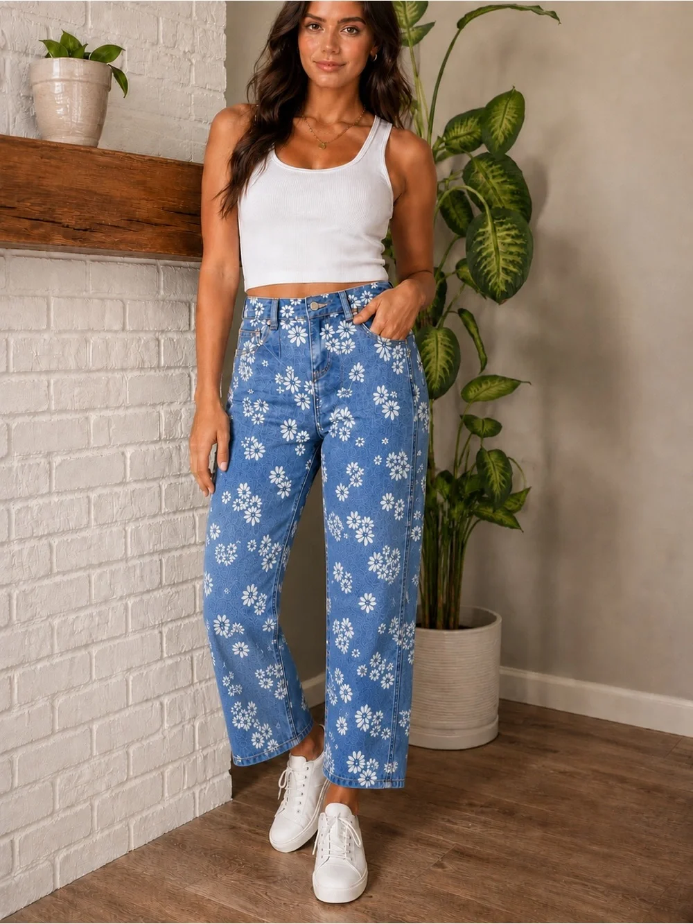 Flamingals Floral Print Barrel Style Mid Rise Cropped Barrel Jeans